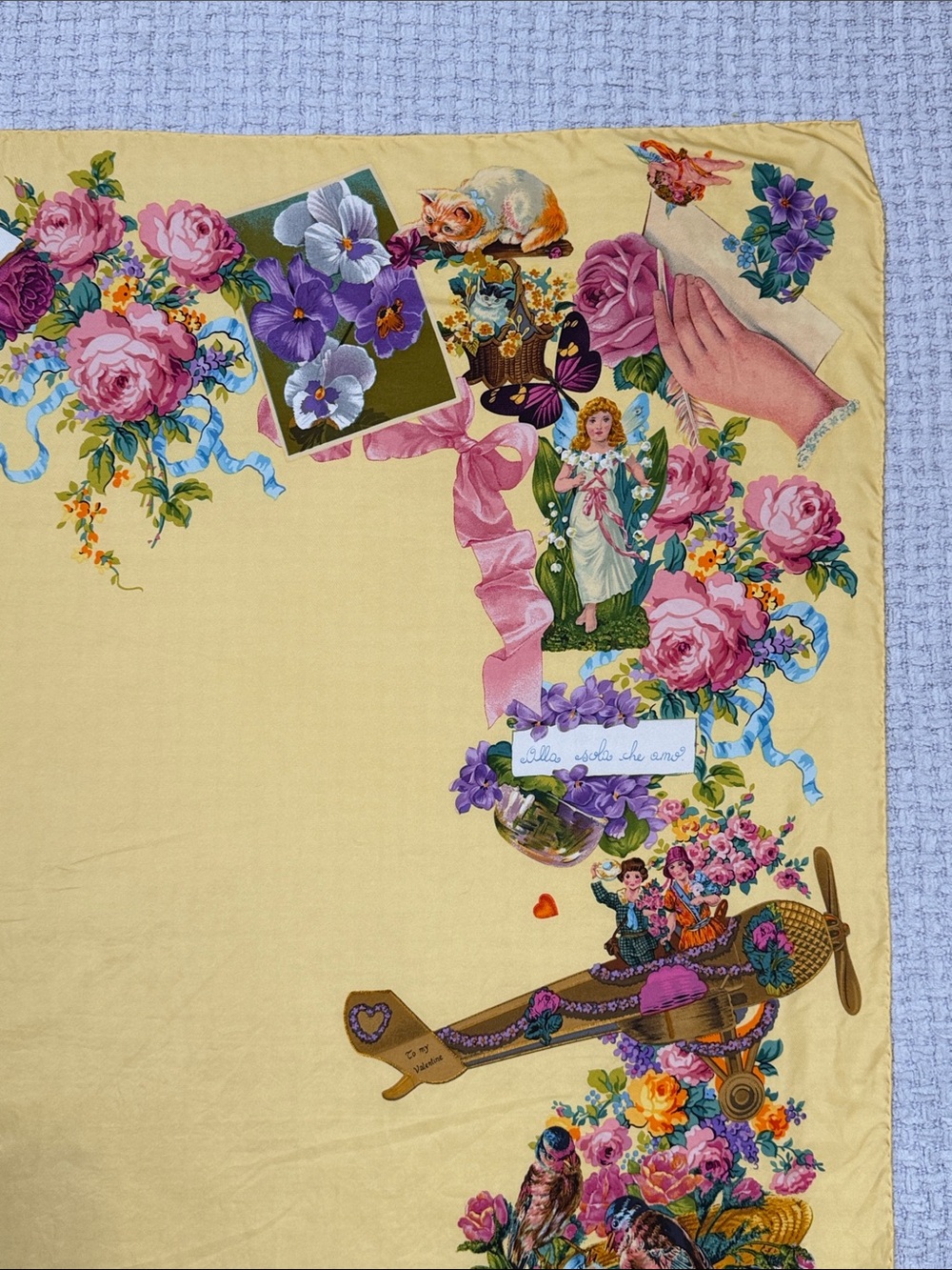 Rare Authentic Gucci Silk Floral Scarf  Whimsical Yellow Animals Hearts Ribbon - Picture 13 of 17